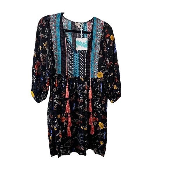 Umgee Floral Boho Peasant Tassels Floral Black Teal Mini Dress Womens Size M NEW - Picture 1 of 10